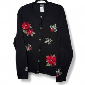 Southern Lady XL Black Christmas Cardigan Sweater Holiday Poinsettia Embroidered
